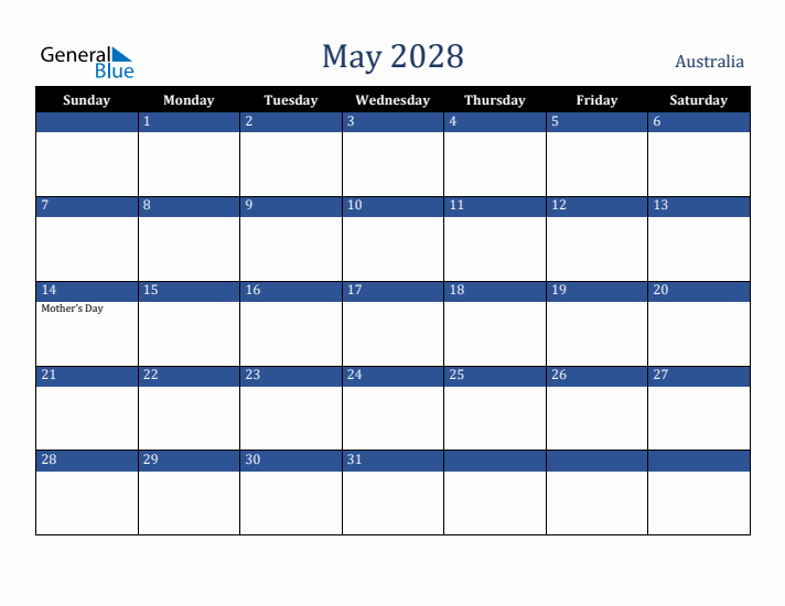 May 2028 Australia Calendar (Sunday Start)