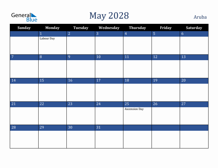 May 2028 Aruba Calendar (Sunday Start)