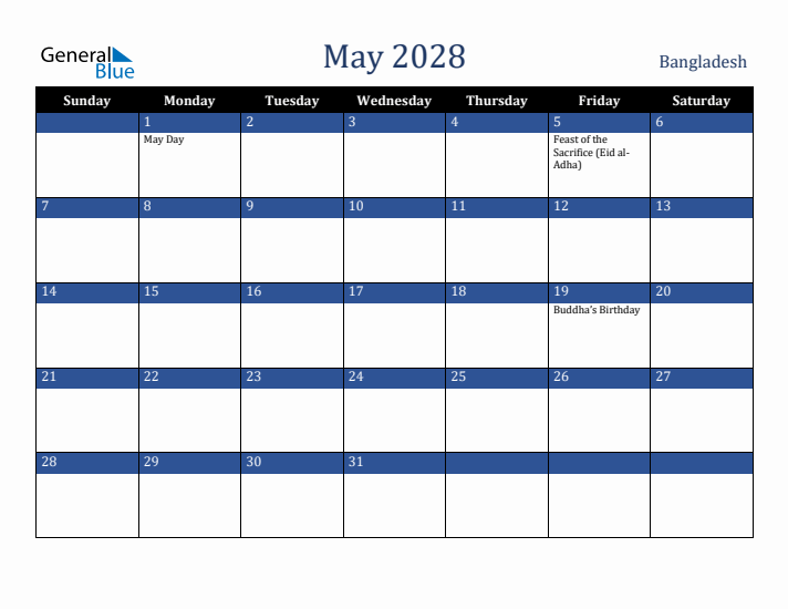 May 2028 Bangladesh Calendar (Sunday Start)