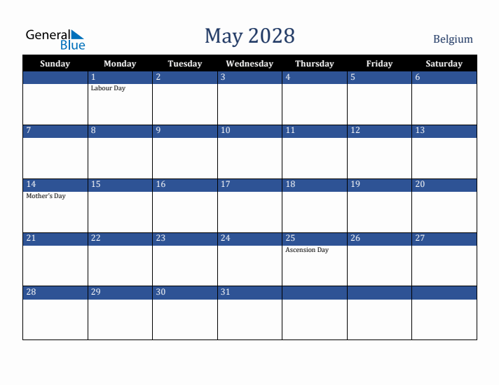 May 2028 Belgium Calendar (Sunday Start)