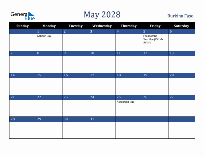 May 2028 Burkina Faso Calendar (Sunday Start)