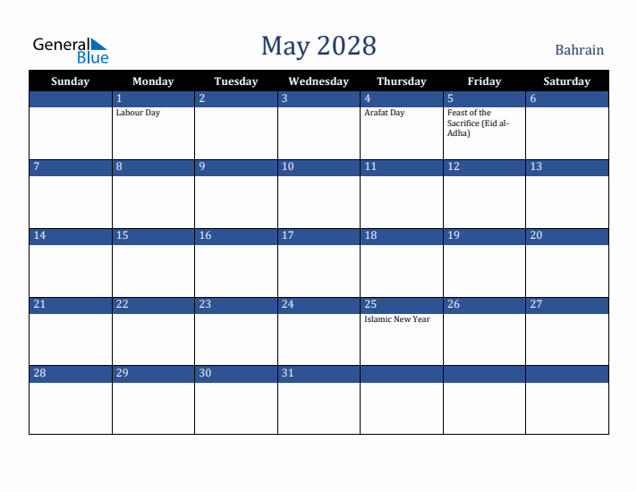 May 2028 Bahrain Calendar (Sunday Start)