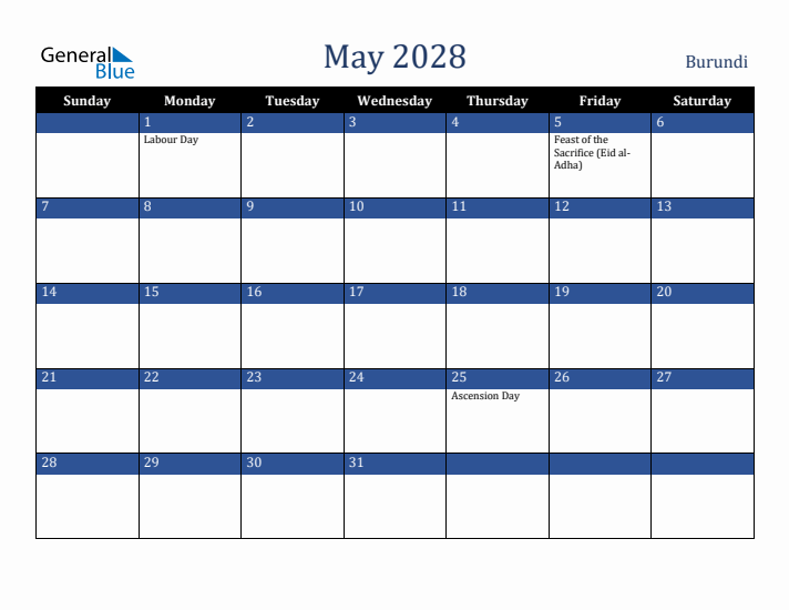 May 2028 Burundi Calendar (Sunday Start)