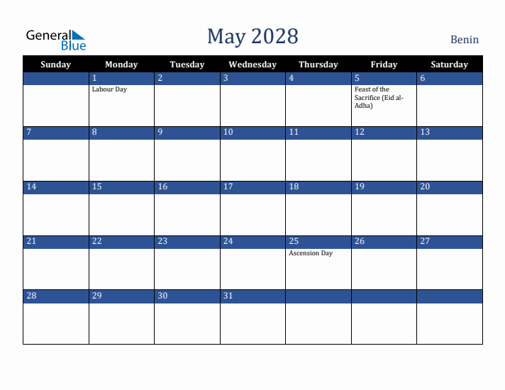 May 2028 Benin Calendar (Sunday Start)