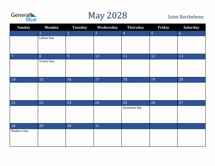 May 2028 Saint Barthelemy Calendar (Sunday Start)