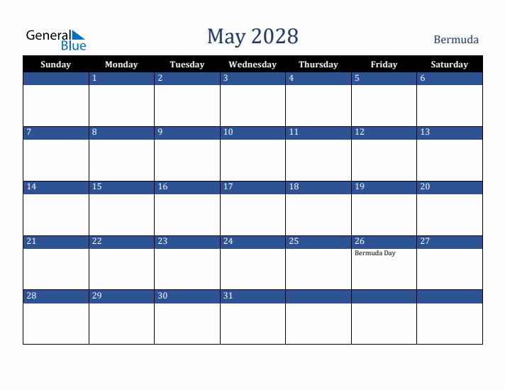 May 2028 Bermuda Calendar (Sunday Start)