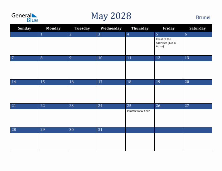 May 2028 Brunei Calendar (Sunday Start)