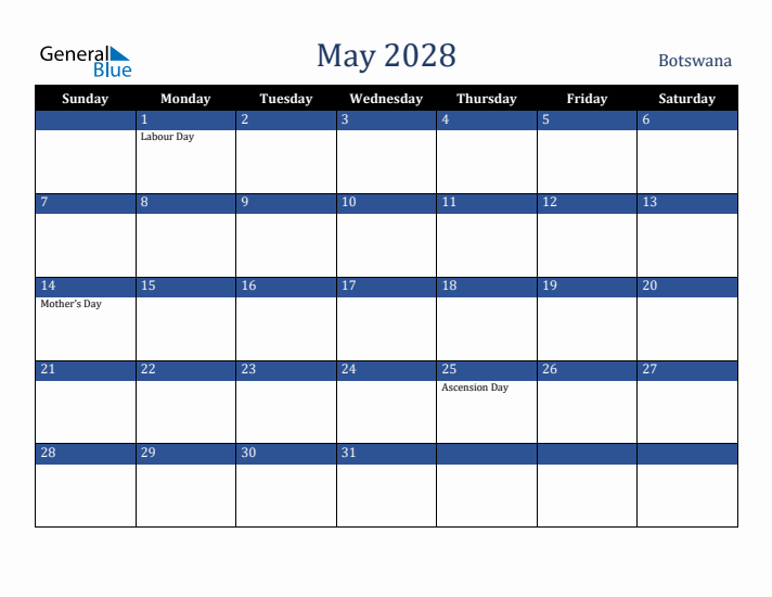 May 2028 Botswana Calendar (Sunday Start)