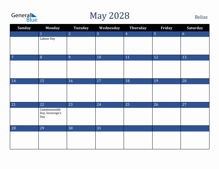May 2028 Belize Calendar (Sunday Start)
