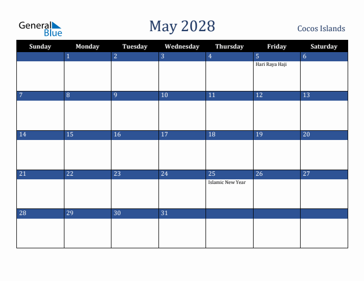 May 2028 Cocos Islands Calendar (Sunday Start)