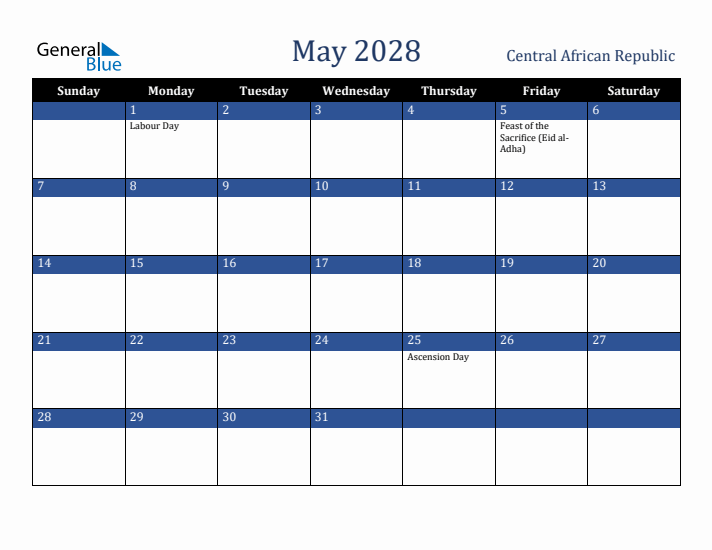 May 2028 Central African Republic Calendar (Sunday Start)