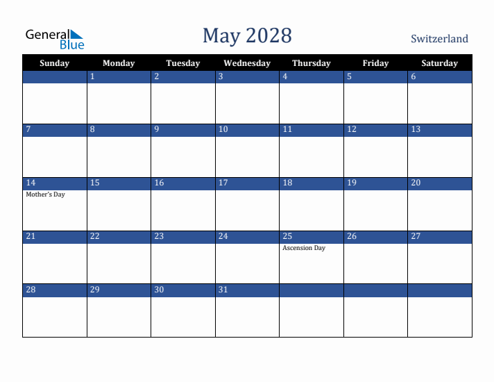 May 2028 Switzerland Calendar (Sunday Start)