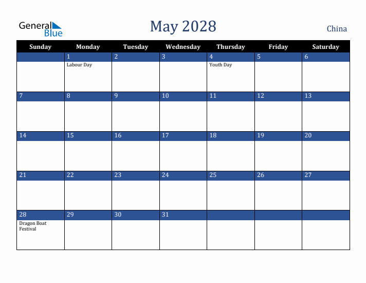 May 2028 China Calendar (Sunday Start)