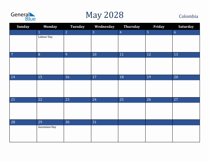 May 2028 Colombia Calendar (Sunday Start)