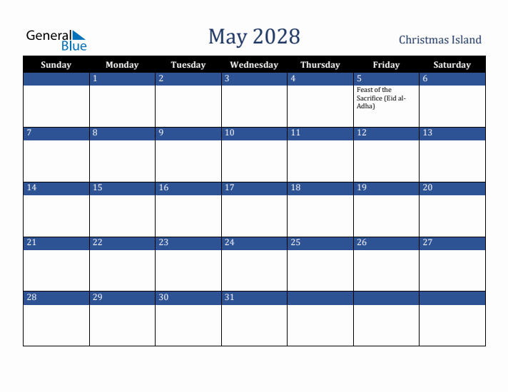 May 2028 Christmas Island Calendar (Sunday Start)