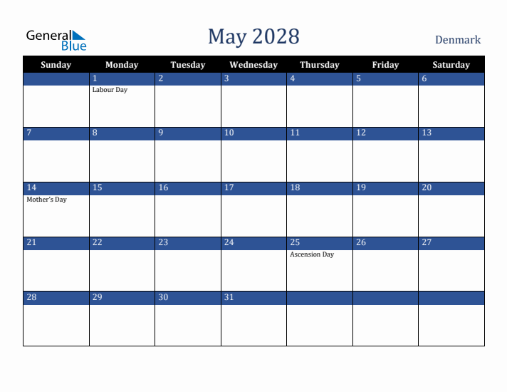 May 2028 Denmark Calendar (Sunday Start)