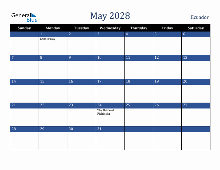 May 2028 Ecuador Calendar (Sunday Start)
