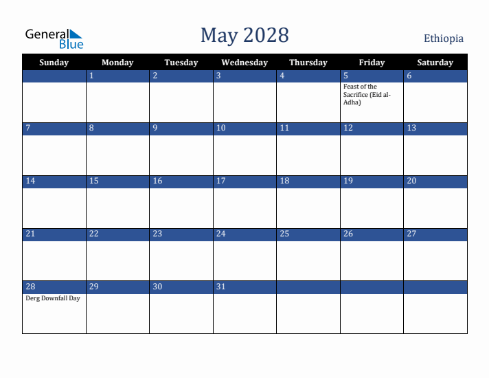 May 2028 Ethiopia Calendar (Sunday Start)