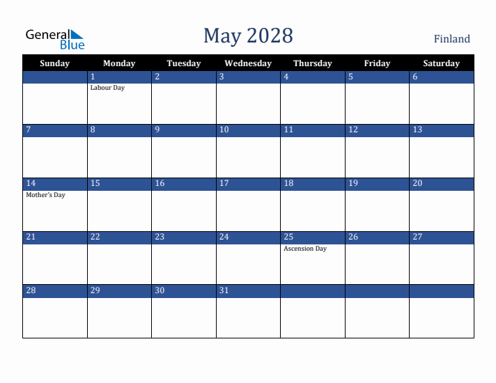 May 2028 Finland Calendar (Sunday Start)