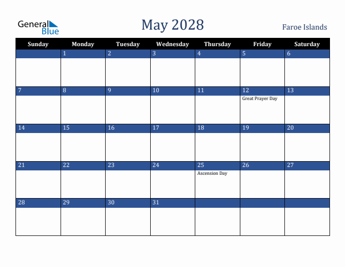 May 2028 Faroe Islands Calendar (Sunday Start)