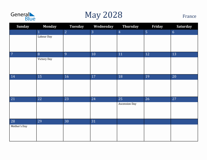 May 2028 France Calendar (Sunday Start)
