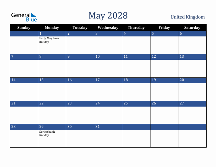 May 2028 United Kingdom Calendar (Sunday Start)