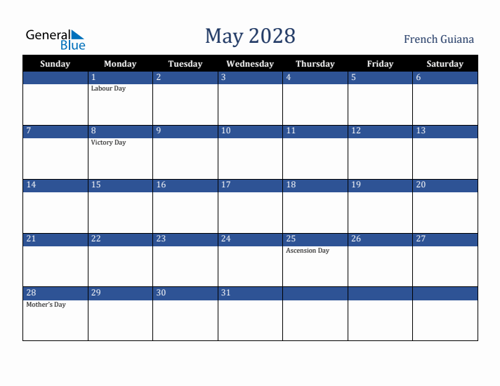May 2028 French Guiana Calendar (Sunday Start)