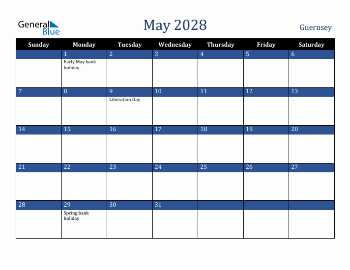 May 2028 Guernsey Calendar (Sunday Start)