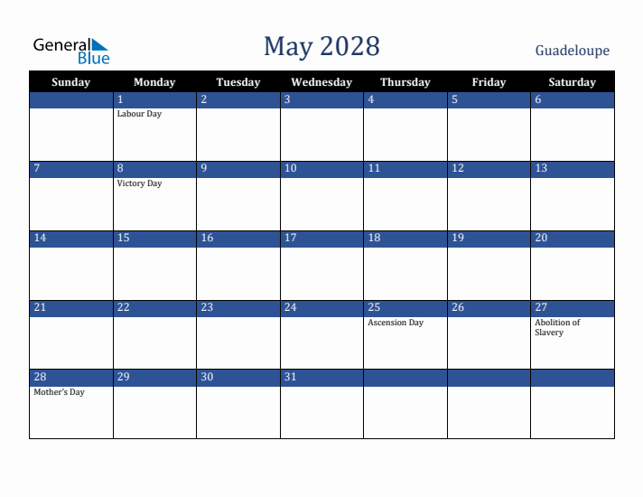May 2028 Guadeloupe Calendar (Sunday Start)