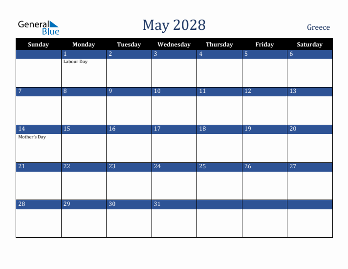 May 2028 Greece Calendar (Sunday Start)