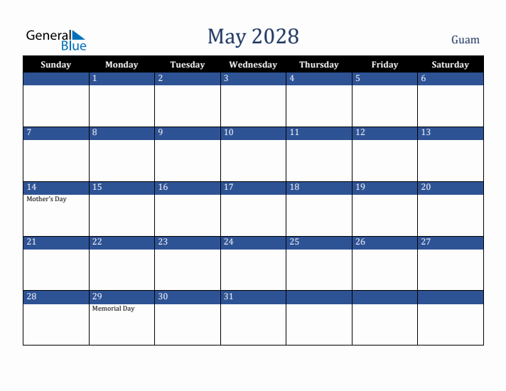 May 2028 Guam Calendar (Sunday Start)