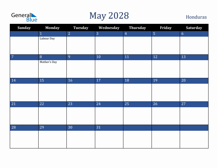 May 2028 Honduras Calendar (Sunday Start)