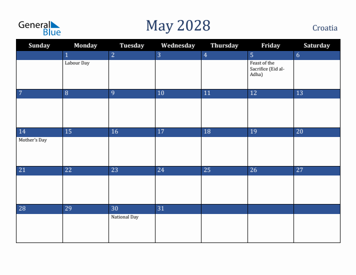 May 2028 Croatia Calendar (Sunday Start)