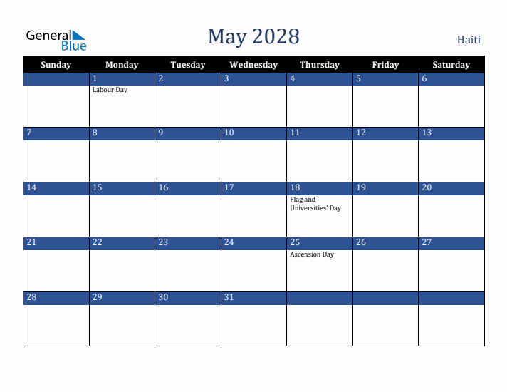 May 2028 Haiti Calendar (Sunday Start)