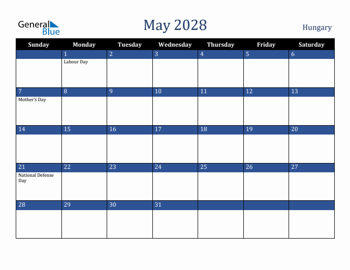 May 2028 Hungary Calendar (Sunday Start)