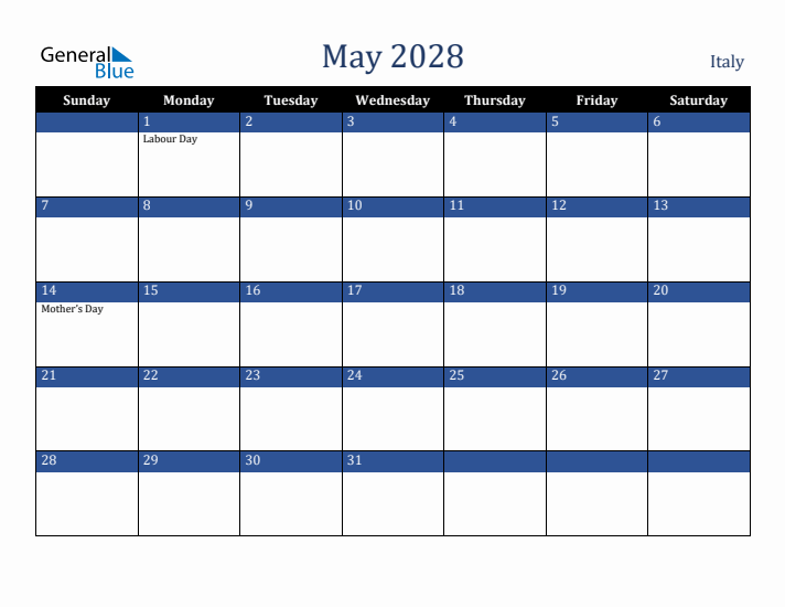 May 2028 Italy Calendar (Sunday Start)
