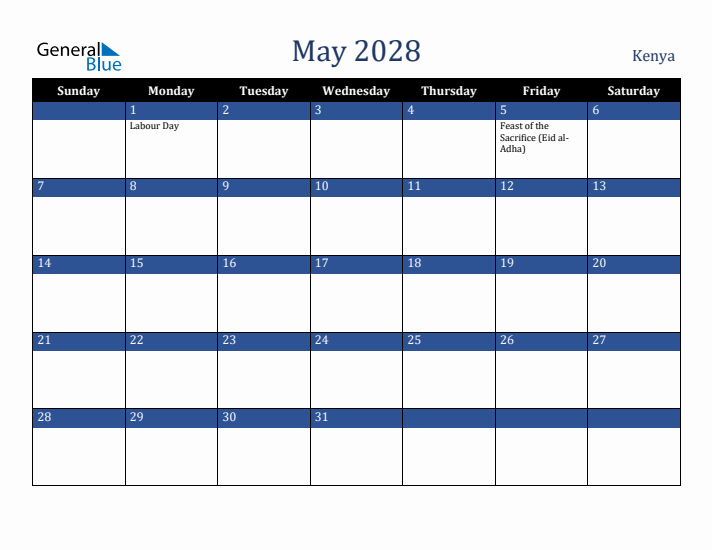 May 2028 Kenya Calendar (Sunday Start)