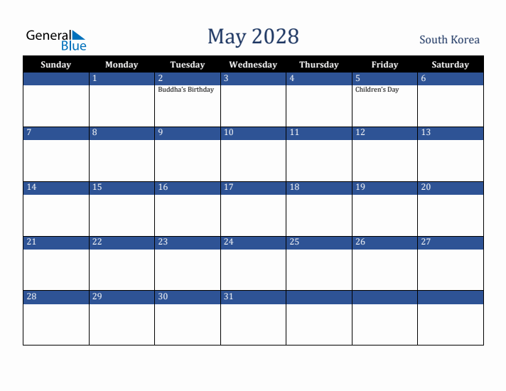 May 2028 South Korea Calendar (Sunday Start)