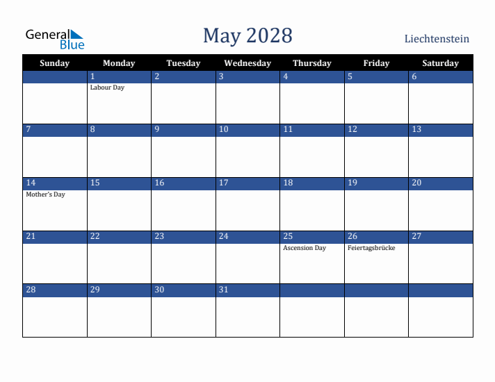 May 2028 Liechtenstein Calendar (Sunday Start)