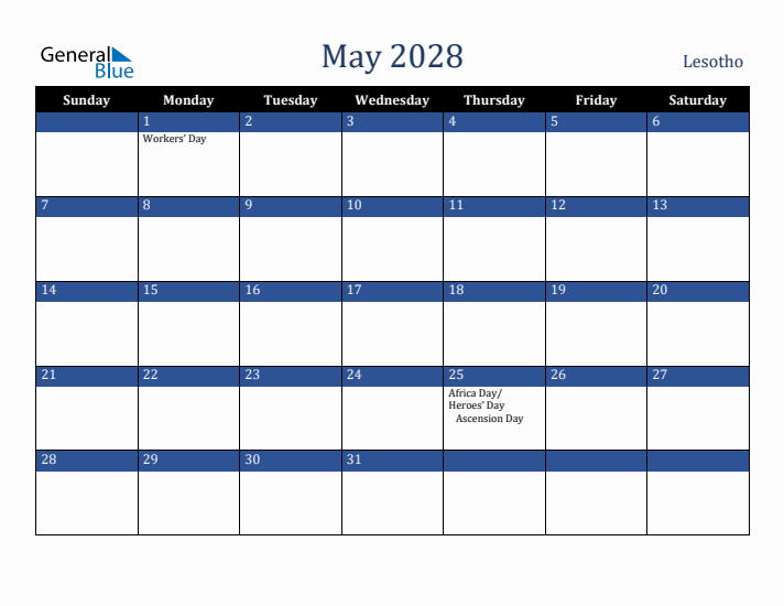 May 2028 Lesotho Calendar (Sunday Start)