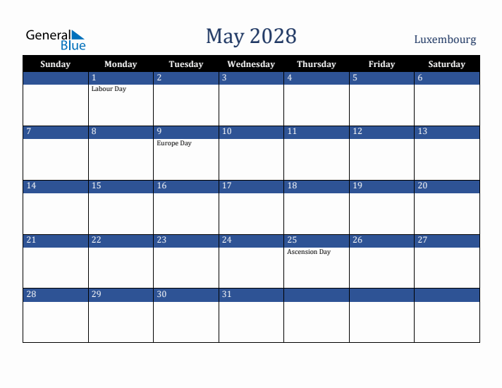 May 2028 Luxembourg Calendar (Sunday Start)