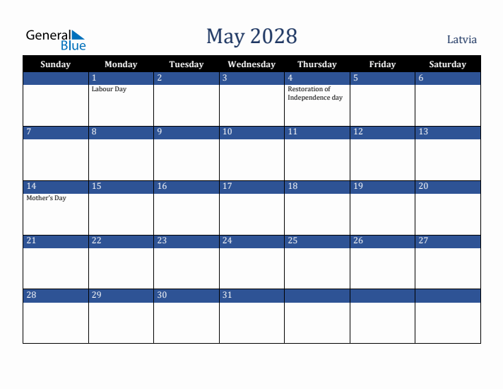May 2028 Latvia Calendar (Sunday Start)