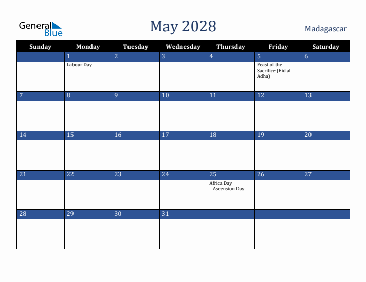 May 2028 Madagascar Calendar (Sunday Start)