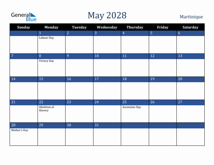 May 2028 Martinique Calendar (Sunday Start)