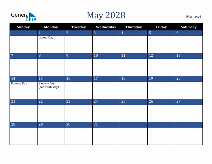 May 2028 Malawi Calendar (Sunday Start)