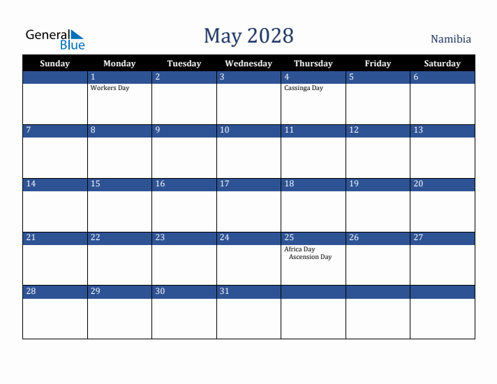 May 2028 Namibia Calendar (Sunday Start)