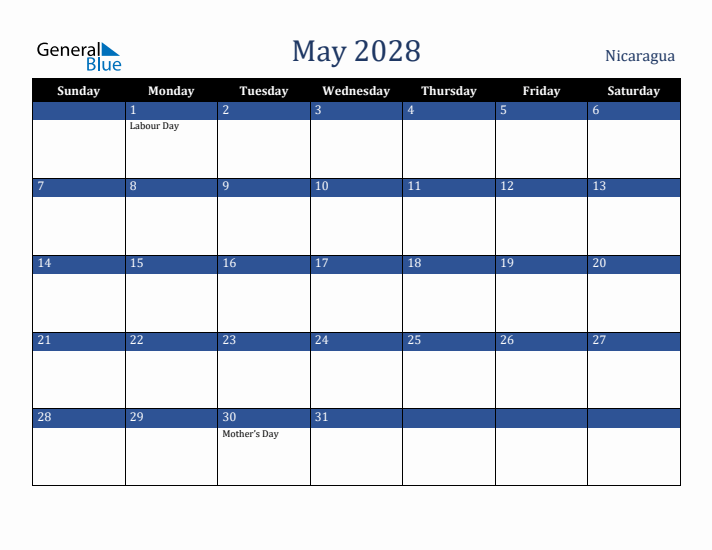 May 2028 Nicaragua Calendar (Sunday Start)