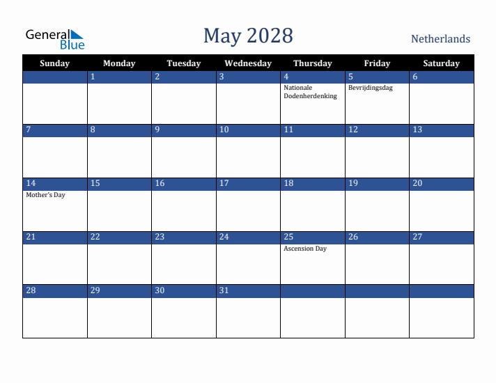 May 2028 The Netherlands Calendar (Sunday Start)