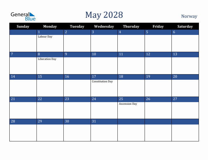 May 2028 Norway Calendar (Sunday Start)