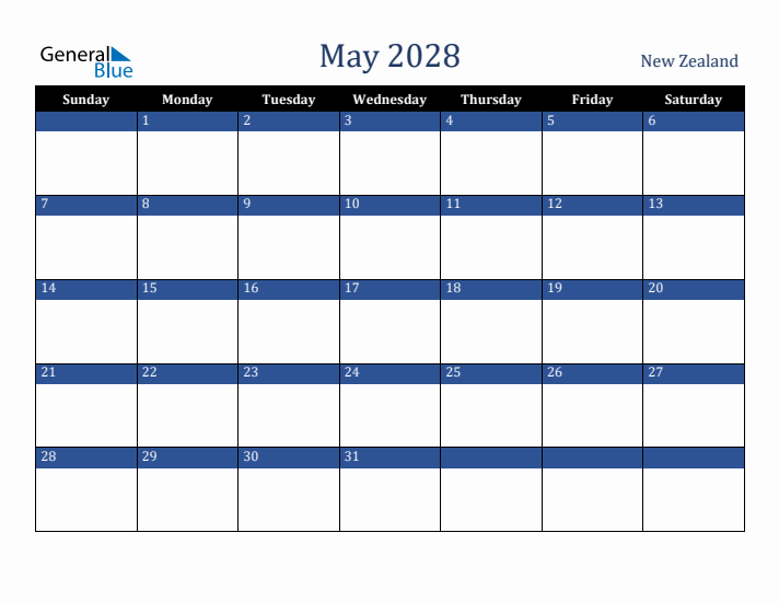 May 2028 New Zealand Calendar (Sunday Start)